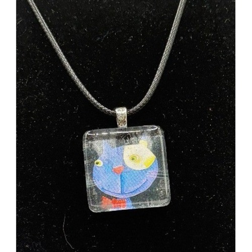 Whimsical‎ Cat Artisan Pendant Necklace Blue Yellow Square Charm Artsy Cute